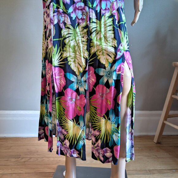 Vintage 90s Scarlett Midi Dress Button Front Tropical Print Funky Cottagecore 13 - Picture 8 of 16